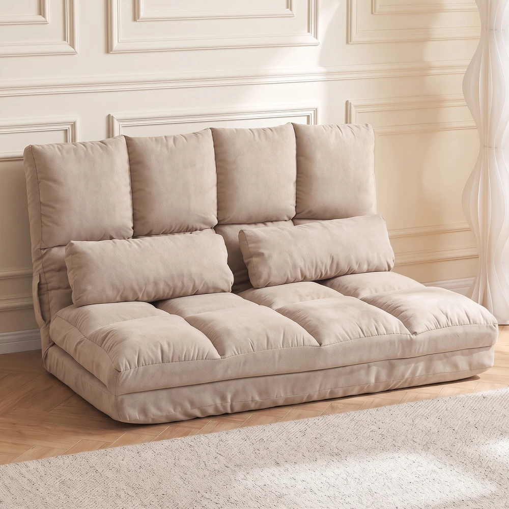Aosom 2 viename grindų sofa-lova su reguliuojamu atlošu, smėlio spalvos, 102 x 73 x 60 cm
