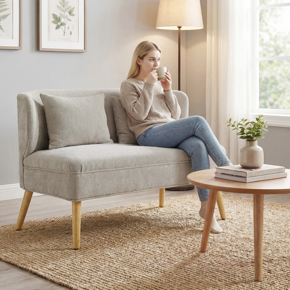 Aosom 2-vietė sofa, maža šenilinė sofa su sparnų tipo atlošu, storu sėdynės paminkštinimu, kaučiukmedžio kojomis, smėlio spalvos