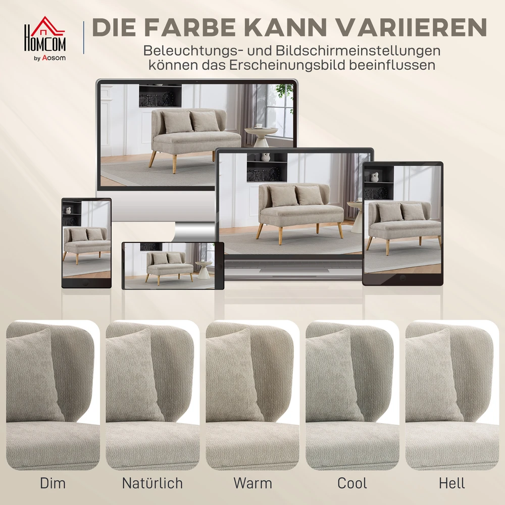 Aosom 2-vietė sofa, maža šenilinė sofa su sparnų tipo atlošu, storu sėdynės paminkštinimu, kaučiukmedžio kojomis, smėlio spalvos