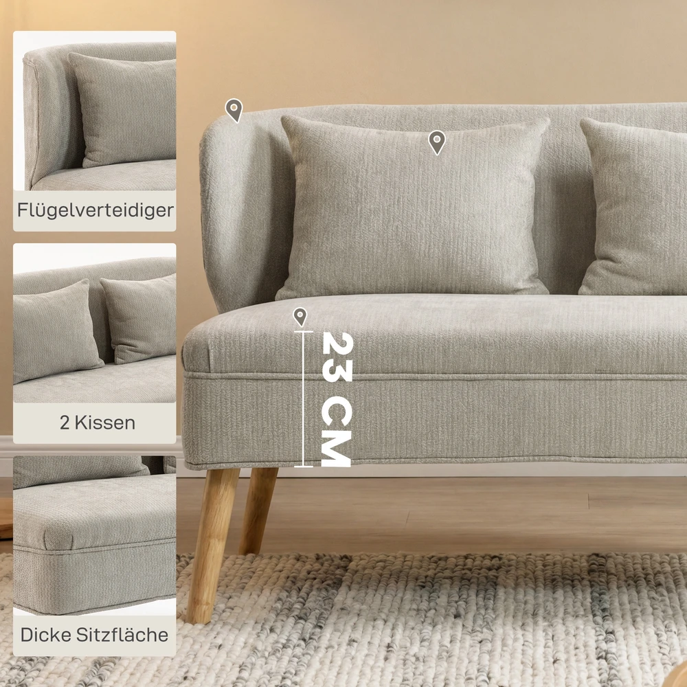Aosom 2-vietė sofa, maža šenilinė sofa su sparnų tipo atlošu, storu sėdynės paminkštinimu, kaučiukmedžio kojomis, smėlio spalvos