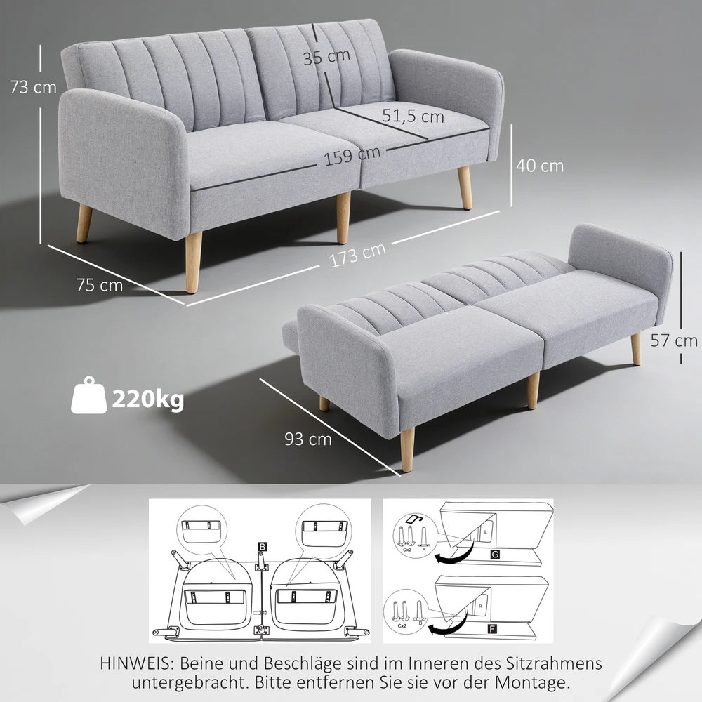 Aosom 2 vietų sofa-lova, šviesiai pilka, poliesteris su lino imitacija, kaučiukmedis, 173 x 75 x 73 cm
