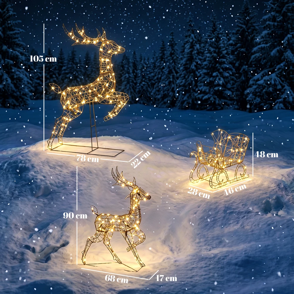 Aosom 3 dalių kalėdinių elnių ir rogių dekoracijų rinkinys su LED, rudas
