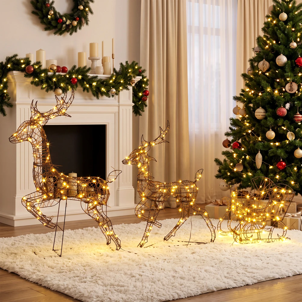 Aosom 3 dalių kalėdinių elnių ir rogių dekoracijų rinkinys su LED, rudas