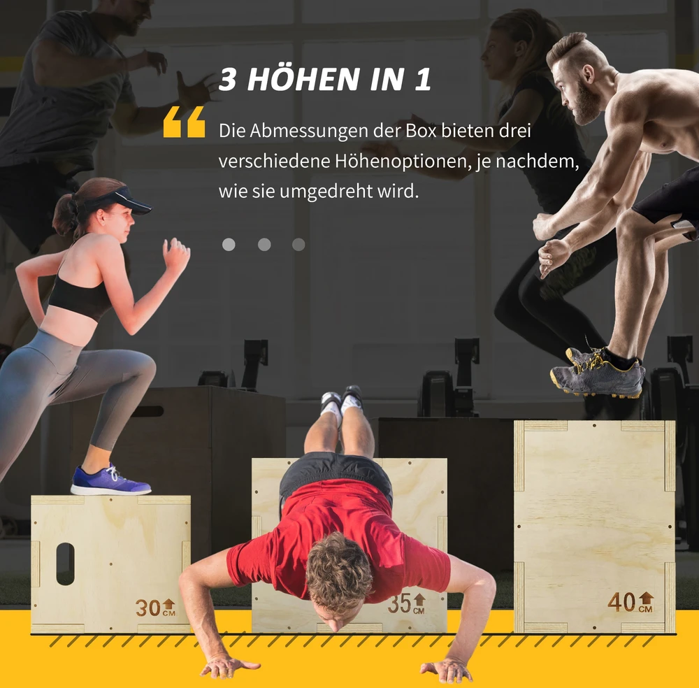 Aosom 3-in-1 plyometrinė šuolių dėžė iš medžio, 3 šuolių aukščiai, 40,5 x 35,5 x 30,5 cm, natūralaus medžio
