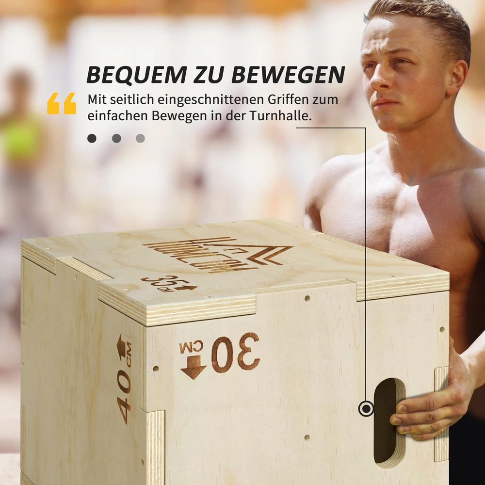 Aosom 3-in-1 plyometrinė šuolių dėžė iš medžio, 3 šuolių aukščiai, 40,5 x 35,5 x 30,5 cm, natūralaus medžio