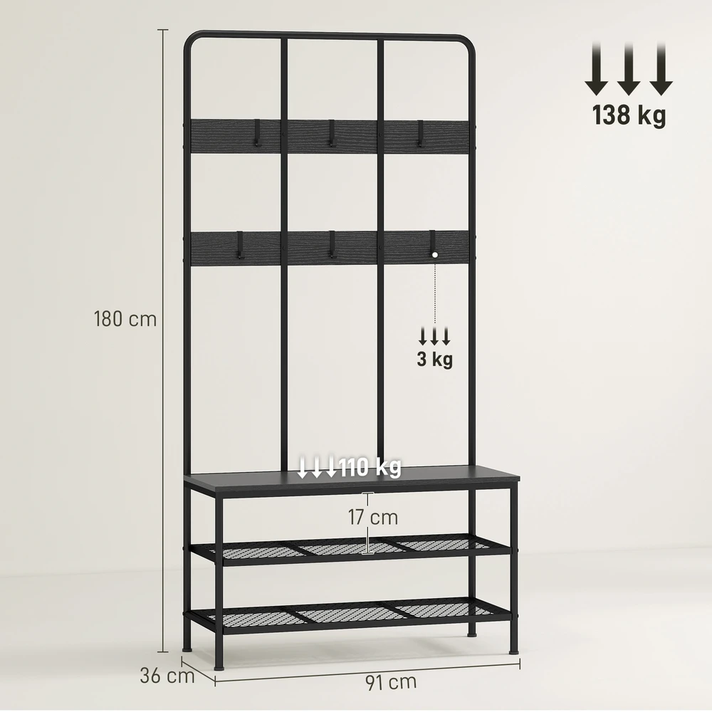 Aosom 3-in-1 prieškambario kabykla su batų lentyna ir suoliuku, juoda, 91 x 36 x 180 cm
