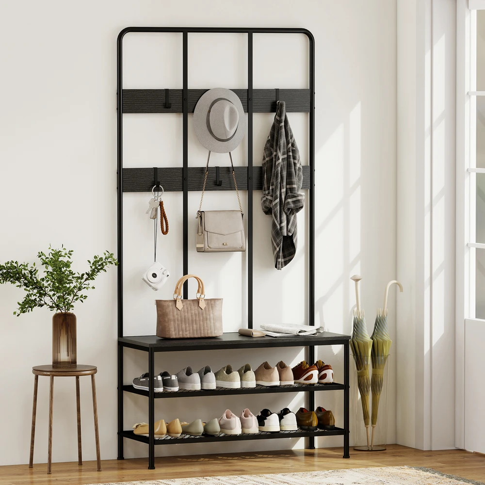 Aosom 3-in-1 prieškambario kabykla su batų lentyna ir suoliuku, juoda, 91 x 36 x 180 cm