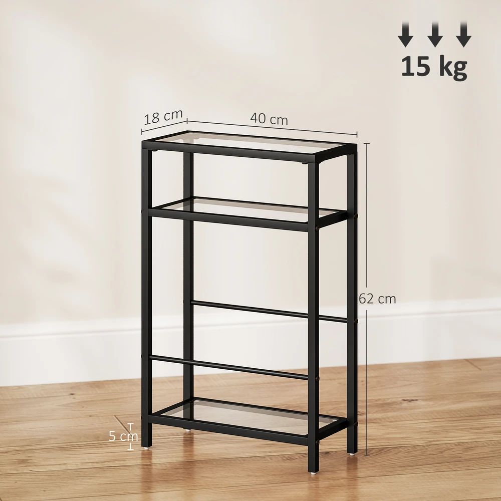 Aosom 3 lygių lentyna su stiklinėmis lentynomis, 18 cm pločio, plieno rėmas, juoda