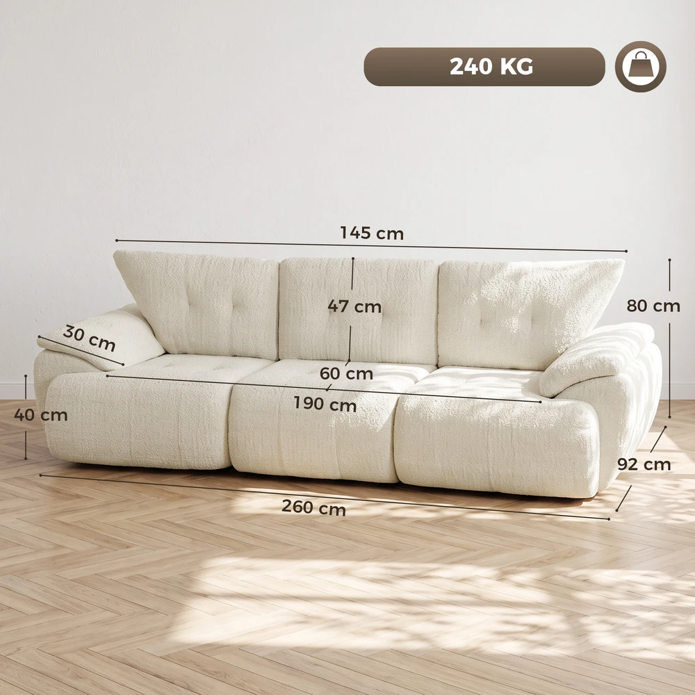 Aosom 3 vietų sofa, 260 cm, šenilas, berėmė modulinė, kreminės baltos spalvos