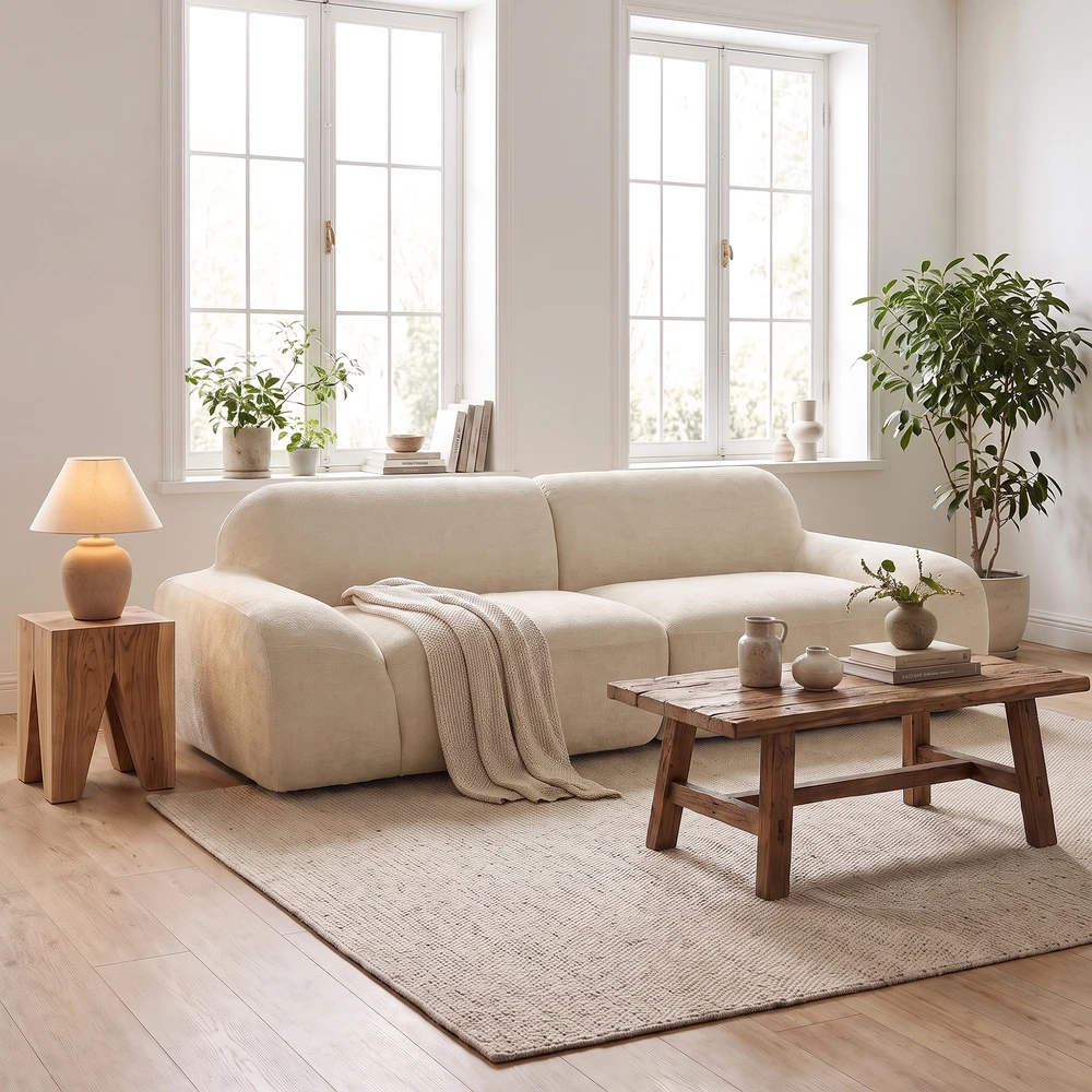 Aosom 3 vietų sofa, apvali berėmė, šenilas, kreminės baltos spalvos, 244 x 95 x 70 cm