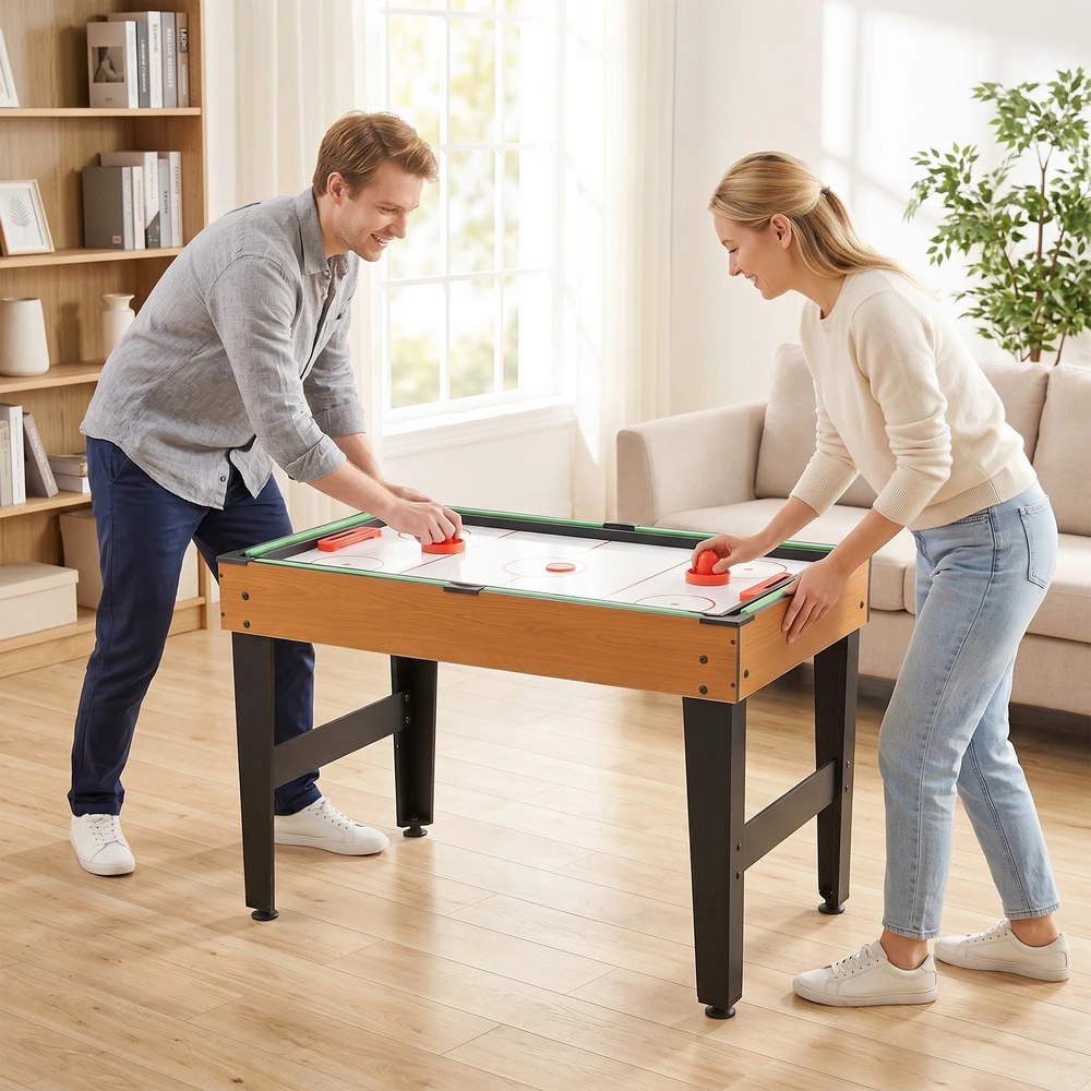 Aosom 4-in-1 žaidimų stalas, stalo futbolas, stalo tenisas, biliardas, stalo ledo ritulys, MDF, plienas, natūrali mediena + juoda