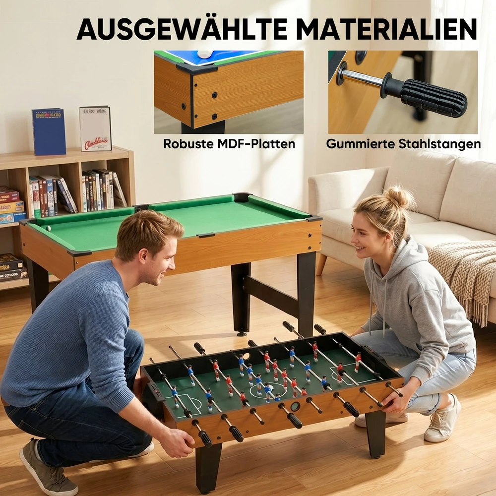 Aosom 4-in-1 žaidimų stalas, stalo futbolas, stalo tenisas, biliardas, stalo ledo ritulys, MDF, plienas, natūrali mediena + juoda