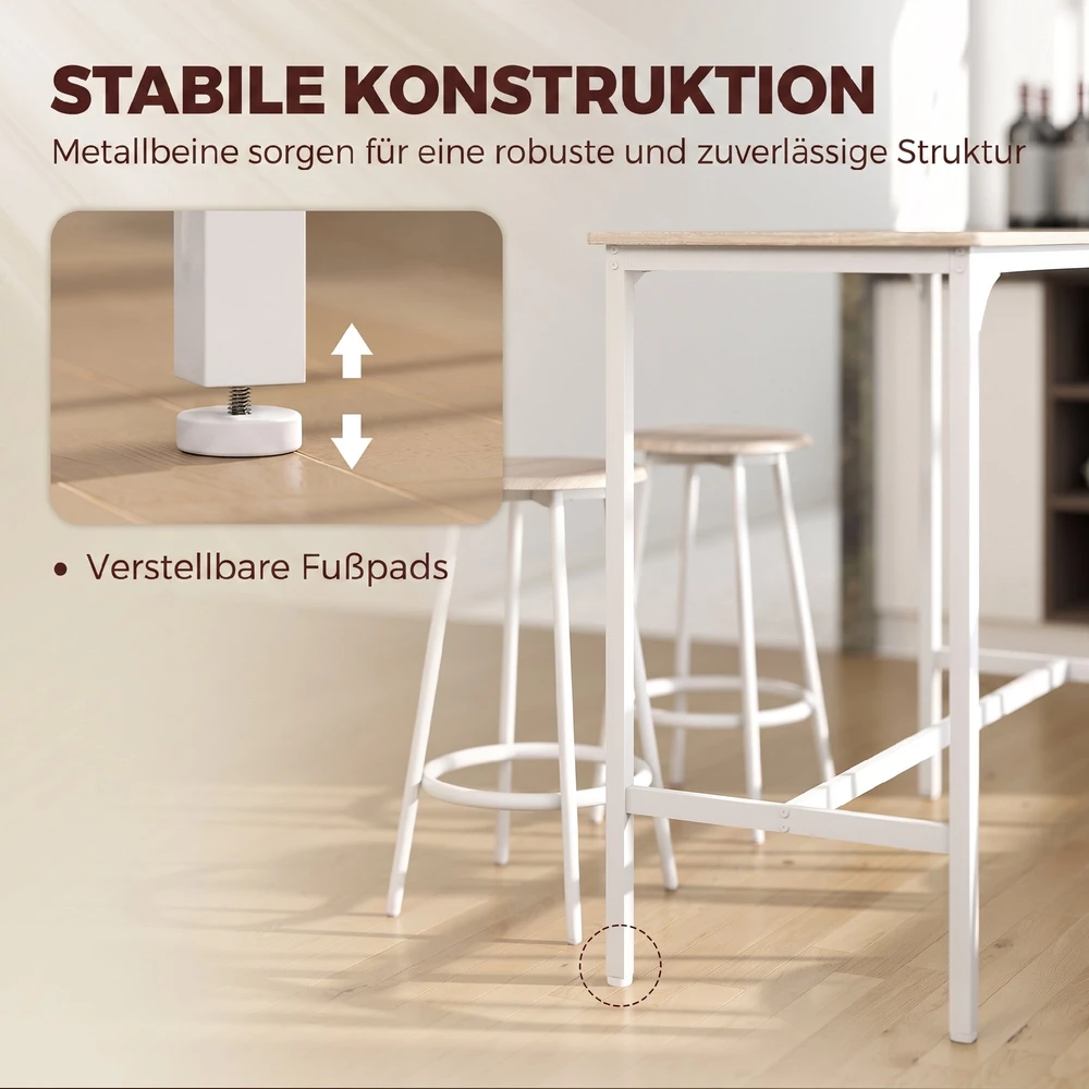 Aosom 5 dalių baro stalo komplektas 4 asmenims, 1 stalas ir 4 taburetės, ąžuolo spalvos, baltas metalas, 110 x 50 x 89,5 cm