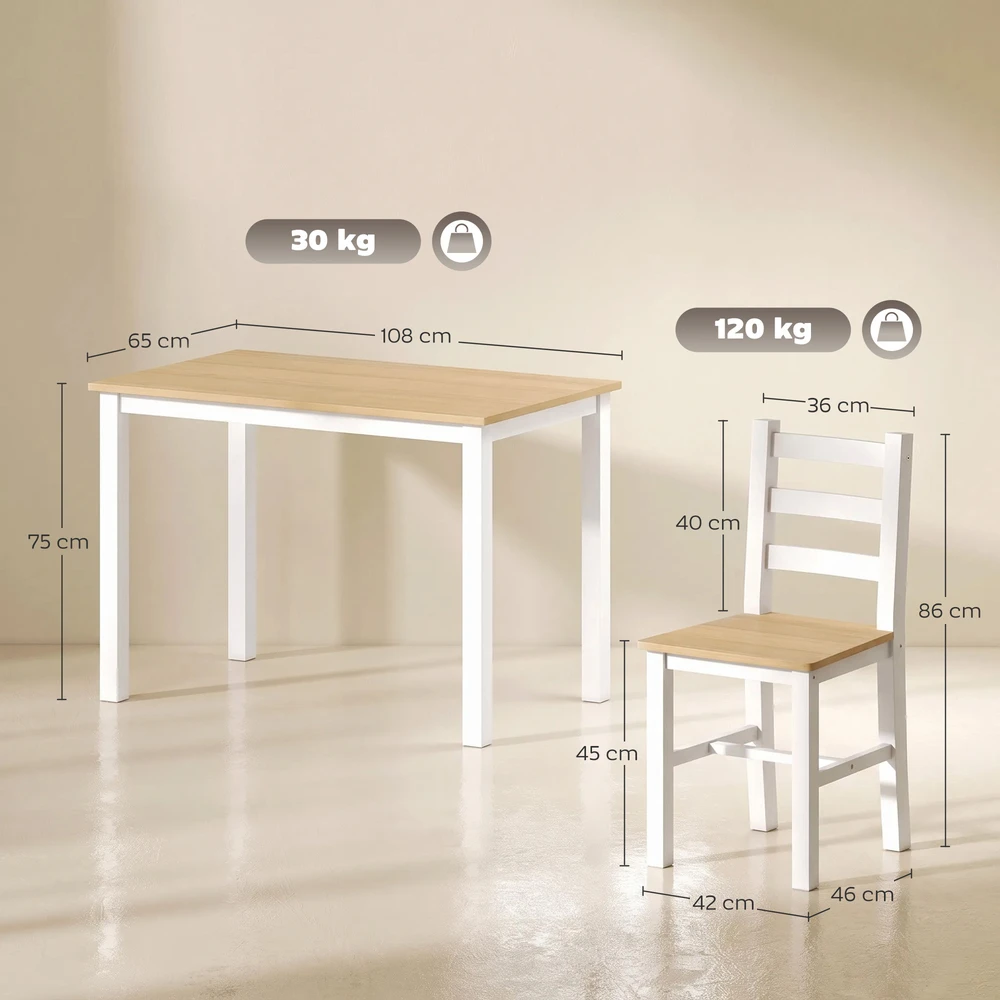 Aosom 5 dalių valgomojo komplektas 4 asmenims, masyvo pušies medienos, natūralios/ baltos spalvos, stalas 108 x 65 x 75 cm