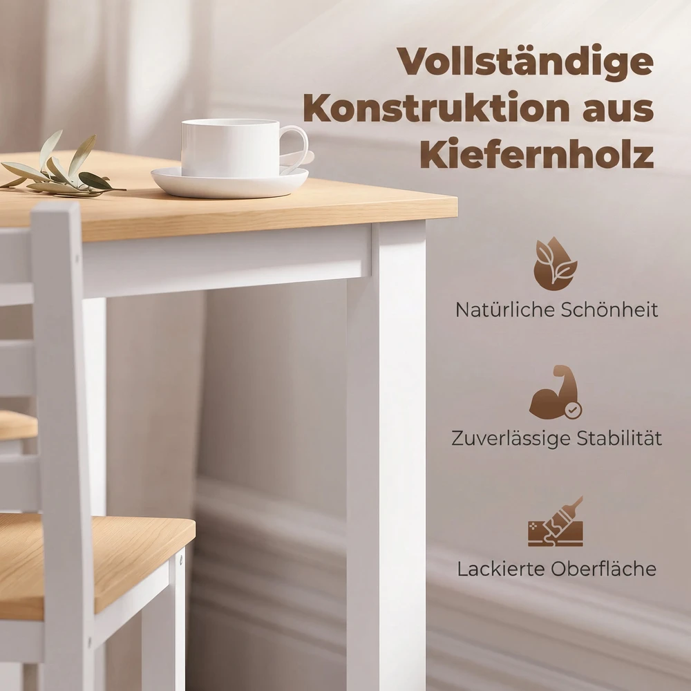 Aosom 5 dalių valgomojo komplektas 4 asmenims, masyvo pušies medienos, natūralios/ baltos spalvos, stalas 108 x 65 x 75 cm