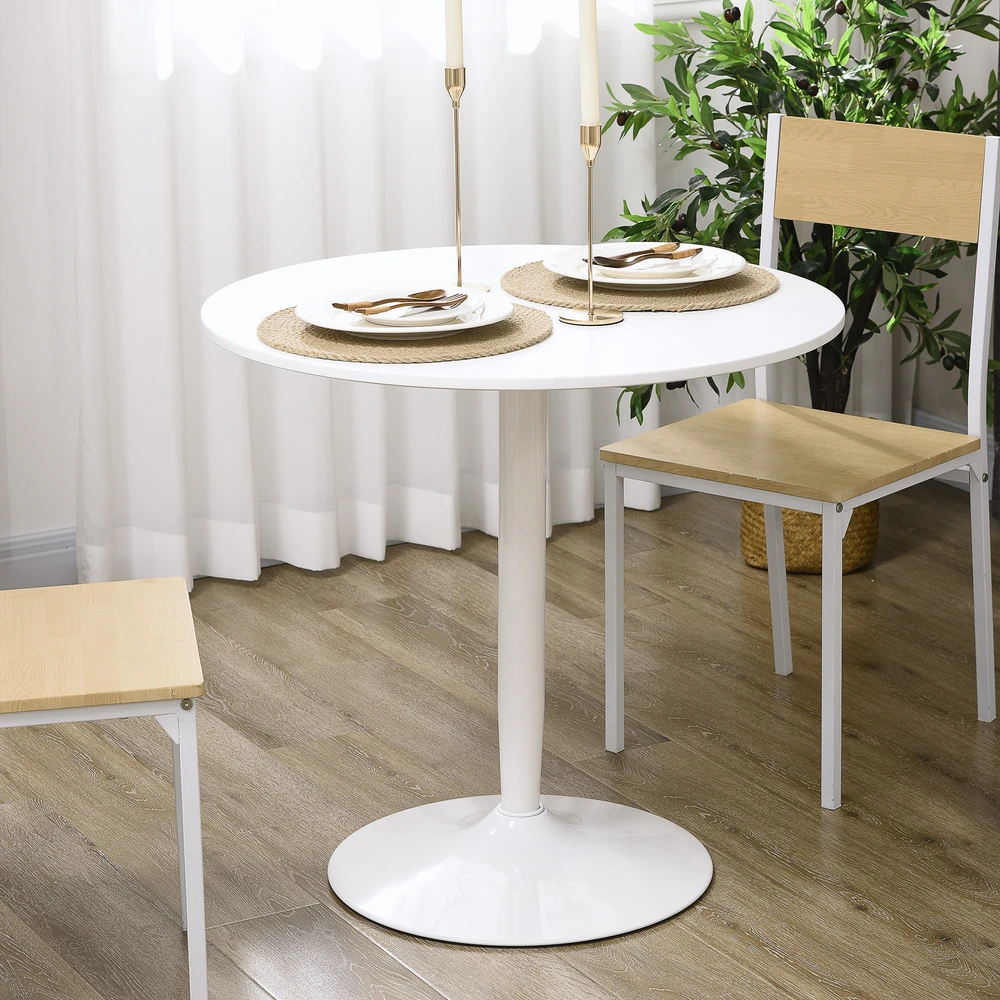Aosom Apvalus valgomojo stalas 2 asmenims, Ø80 cm, MDF ir plienas, baltas, 75 cm
