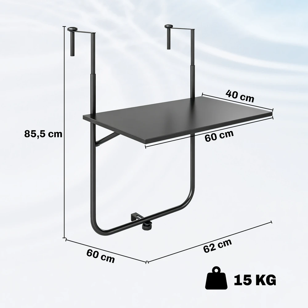 Aosom Balkono stalas, tvirtinamas prie turėklų, 6-15 cm storio, reguliuojamas, plienas, 62 x 60 x 85,5 cm, juodas