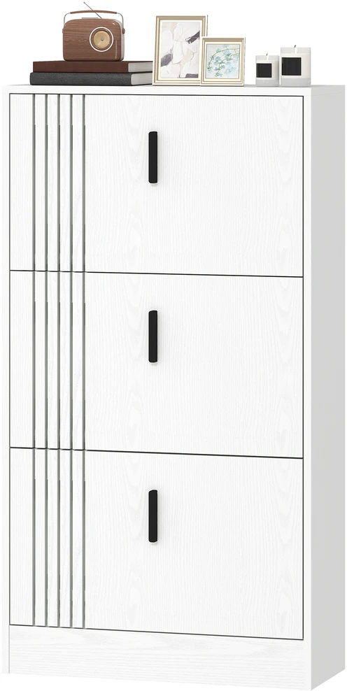 Aosom Batų spintelė su 3 atverčiamais skyriais, balta, 63 x 24 x 117 cm