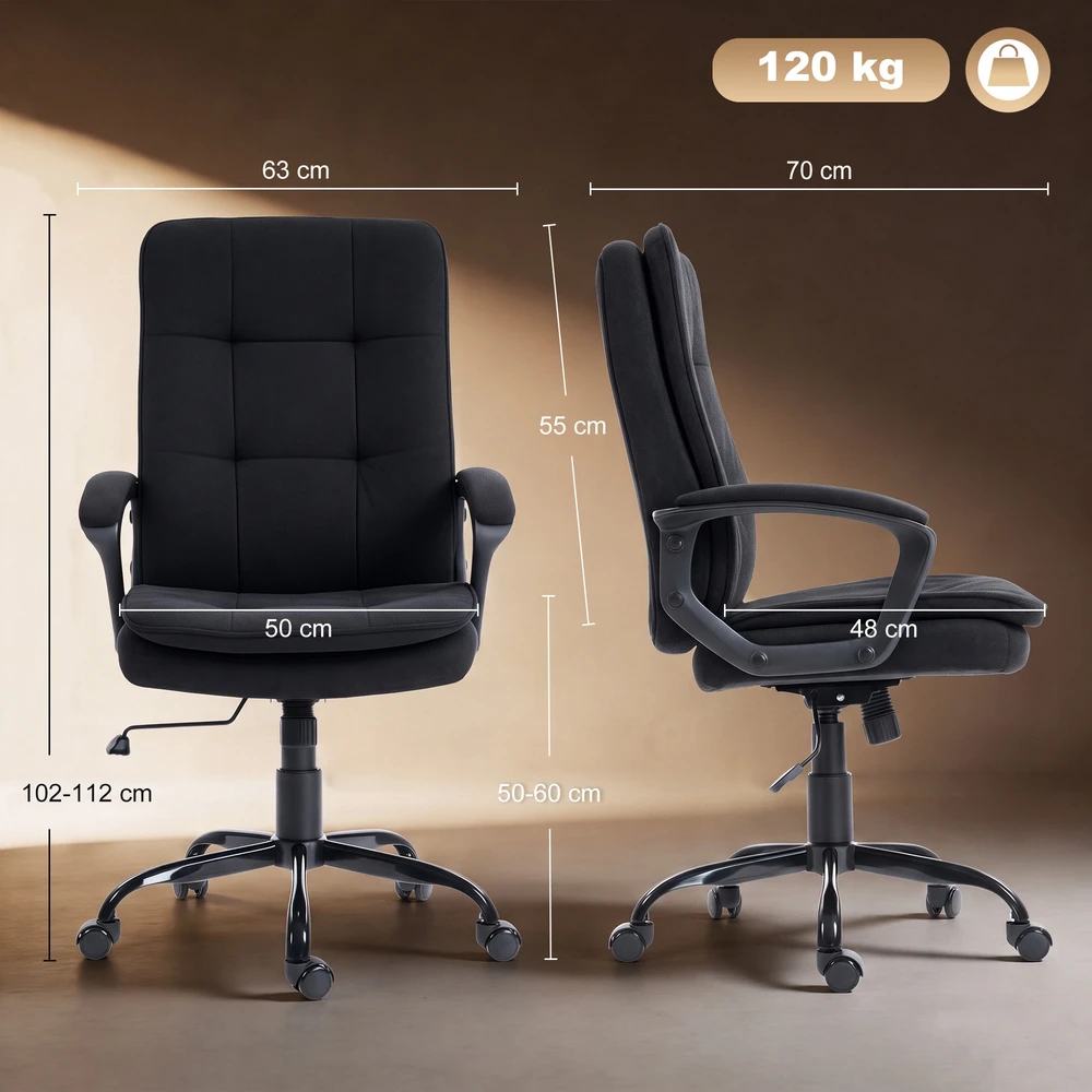 Aosom Biuro kėdė su dvigubu paminkštinimu, audinys, juoda, reguliuojamas aukštis 50-60 cm