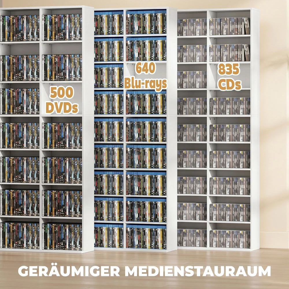 Aosom CD/DVD/Blu-ray laikymo lentyna, 835 CD arba 500 DVD, 27 skyriai, balta, 100 x 24 x 175 cm