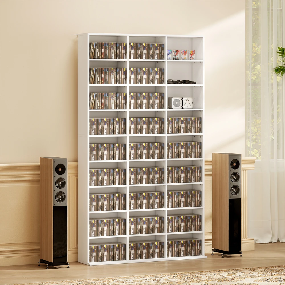 Aosom CD/DVD/Blu-ray laikymo lentyna, 835 CD arba 500 DVD, 27 skyriai, balta, 100 x 24 x 175 cm