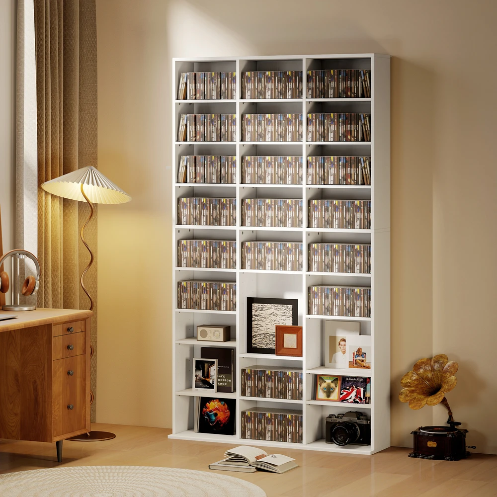Aosom CD/DVD/Blu-ray laikymo lentyna, 835 CD arba 500 DVD, 27 skyriai, balta, 100 x 24 x 175 cm