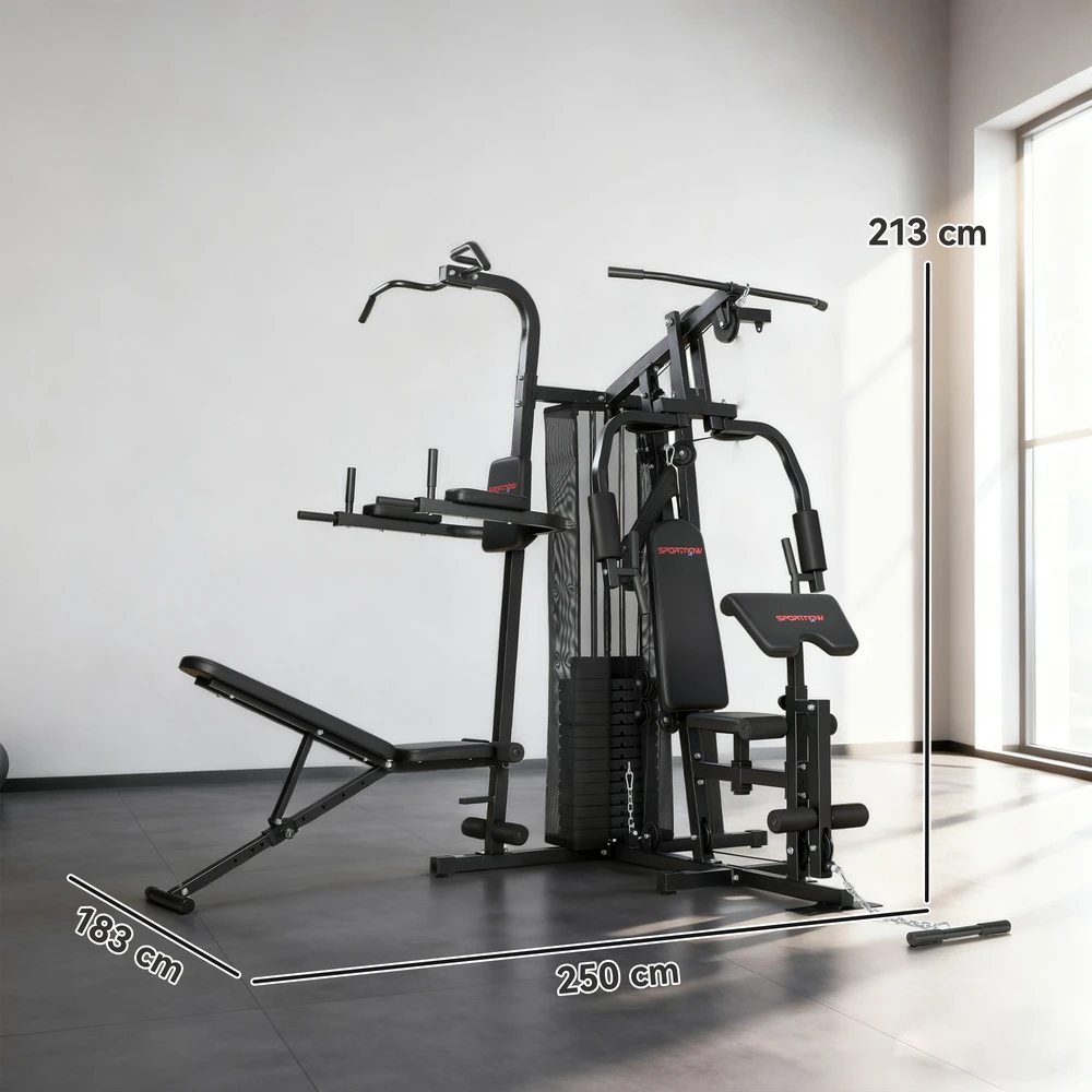Aosom Daugiafunkcė namų sporto stotis su svorių bloku, juoda, 250 x 183 x 213 cm