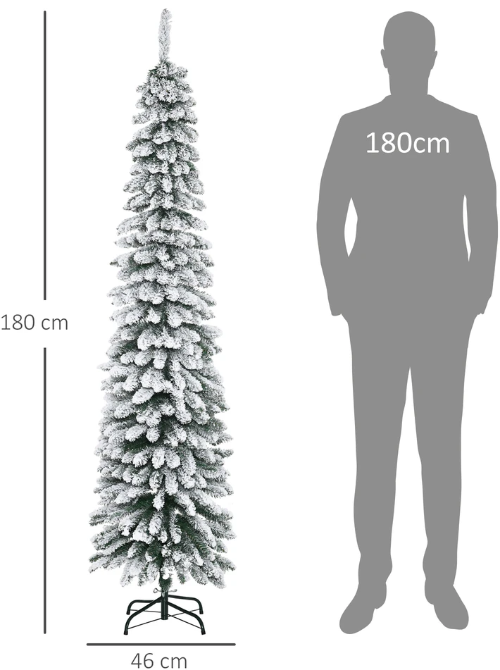 Aosom Dirbtinė kalėdinė eglė su sniego efektu, siauras dizainas, 180 cm, žalia/balta