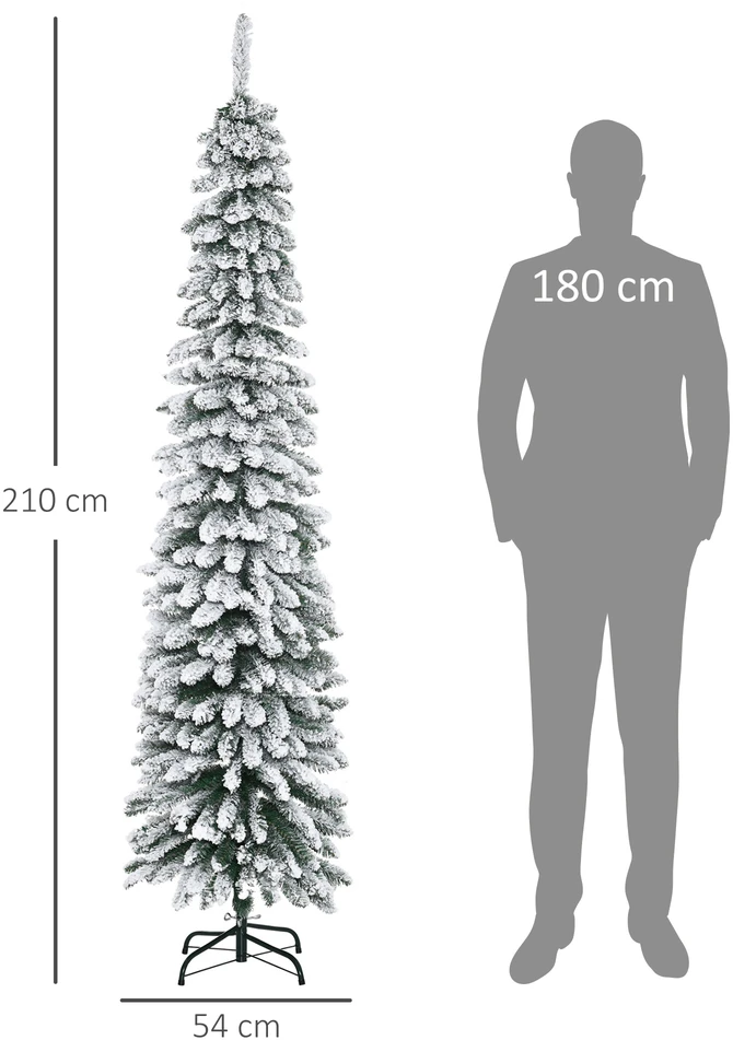 Aosom Dirbtinė Kalėdų eglė su sniego efektu, siauras dizainas, 210 cm, žalia/balta