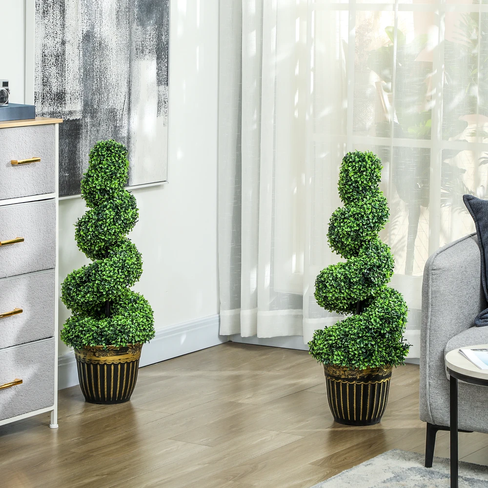 Aosom Dirbtinių buksmedžių topiarijų rinkinys, 2 vnt., su vazonu, 90 cm, žalias