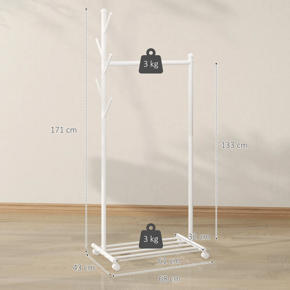 Aosom Drabužių stovas su ratukais ir batų lentyna, metalinis, baltas, 68 x 43 x 171 cm
