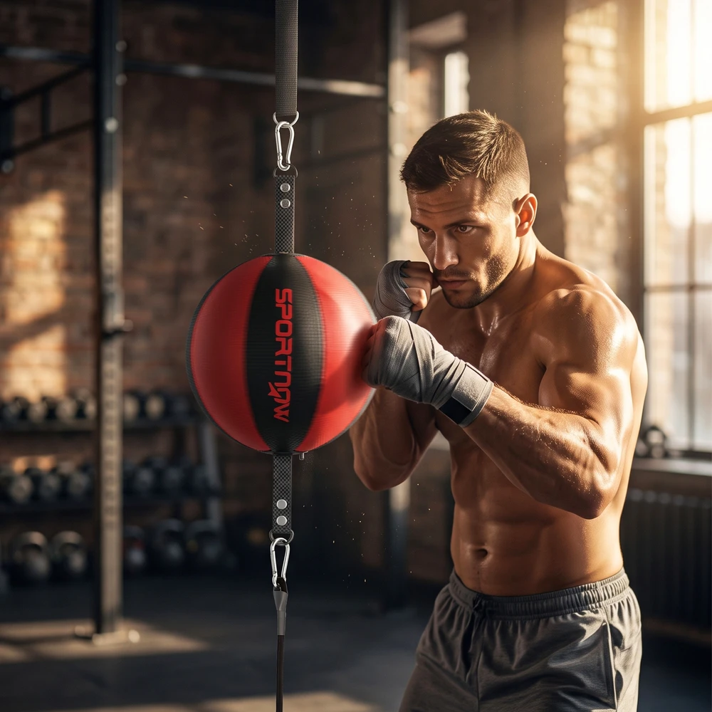 Aosom Dvigubo tvirtinimo bokso kamuolio rinkinys, PU, raudona ir juoda, 23 x 23 x 43 cm
