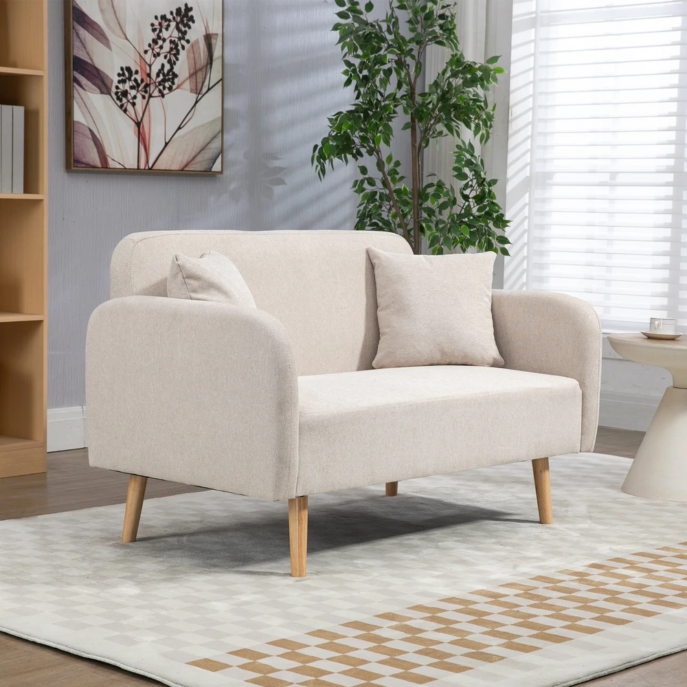 Aosom Dvivietė sofa su 2 pagalvėlėmis, medinės kojelės, kreminė, 130 x 70 x 80 cm