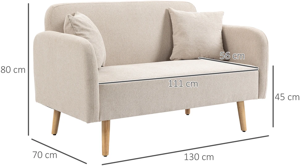 Aosom Dvivietė sofa su 2 pagalvėlėmis, medinės kojelės, kreminė, 130 x 70 x 80 cm