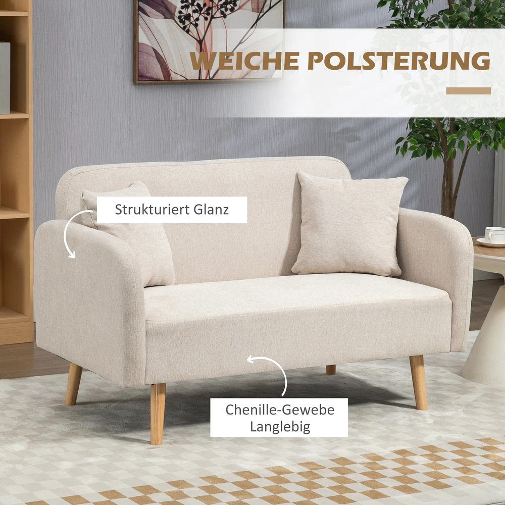 Aosom Dvivietė sofa su 2 pagalvėlėmis, medinės kojelės, kreminė, 130 x 70 x 80 cm