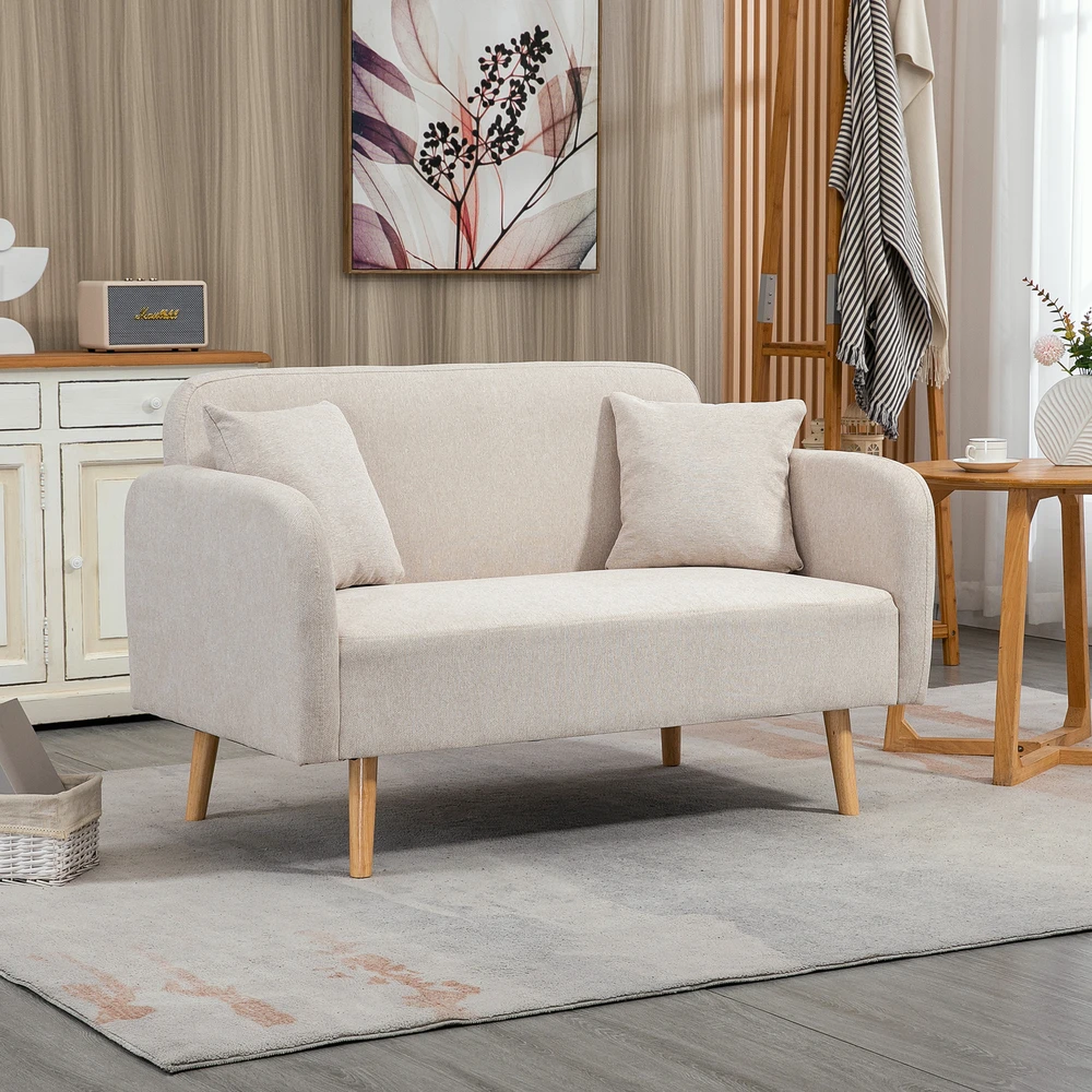 Aosom Dvivietė sofa su 2 pagalvėlėmis, medinės kojelės, kreminė, 130 x 70 x 80 cm