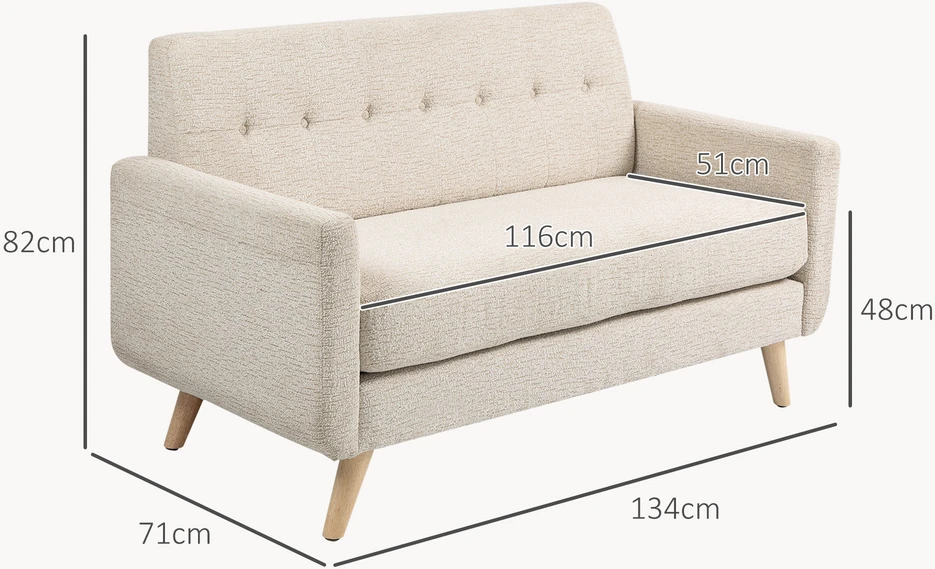 Aosom Dvivietė sofa su aksomo išvaizdos apmušalu, 134 × 71 × 82 cm, smėlio spalvos