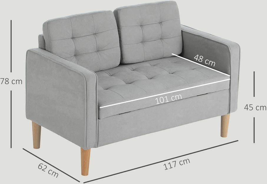 Aosom Dvivietė sofa su daiktadėže, šviesiai pilka, aksomo imitacija, 117 x 62 x 78 cm