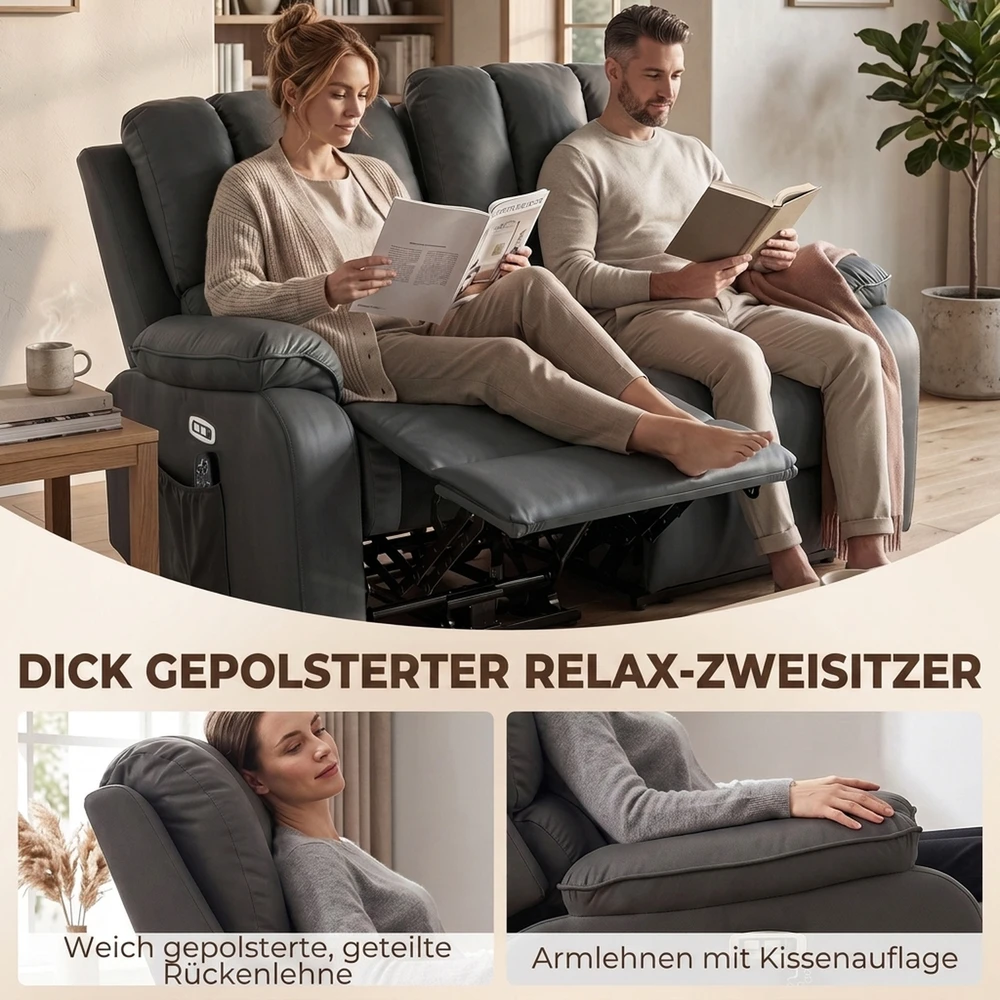Aosom Elektrinė 2 vietų atlošiama sofa su vibracijos ir šildymo funkcija, tamsiai pilka, 145 x 91 x 102 cm