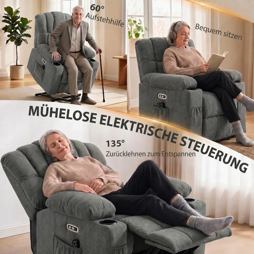 Aosom Elektrinis atlošiamas krėslas su pakėlimo funkcija, pilkas, 87 x 92 x 107 cm