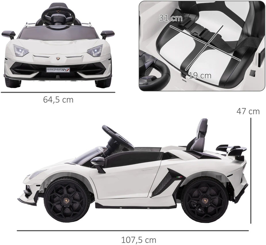 Aosom Elektrinis vaikiškas automobilis Lamborghini Aventador SVJ Roadster, baltas, 107,5 x 64,5 x 47 cm