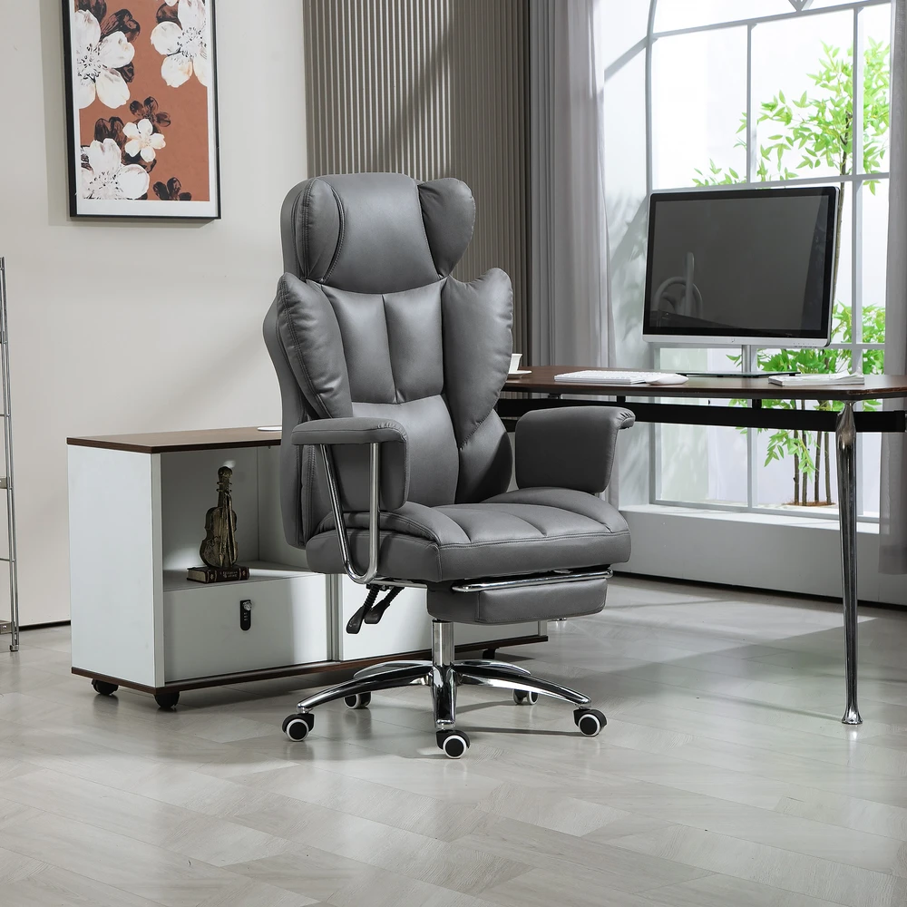 Aosom Ergonominė biuro kėdė, minkšta, su kojų atrama, reguliuojama atlošo padėtis, 360° pasukama, tamsiai pilka
