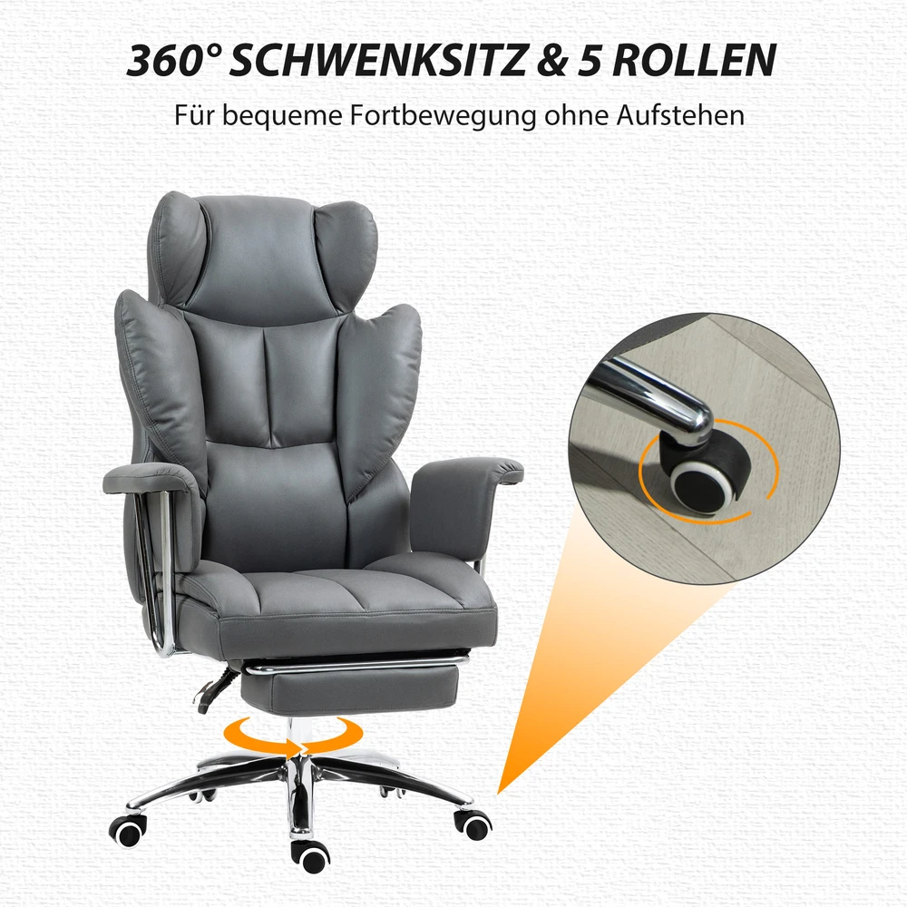 Aosom Ergonominė biuro kėdė, minkšta, su kojų atrama, reguliuojama atlošo padėtis, 360° pasukama, tamsiai pilka
