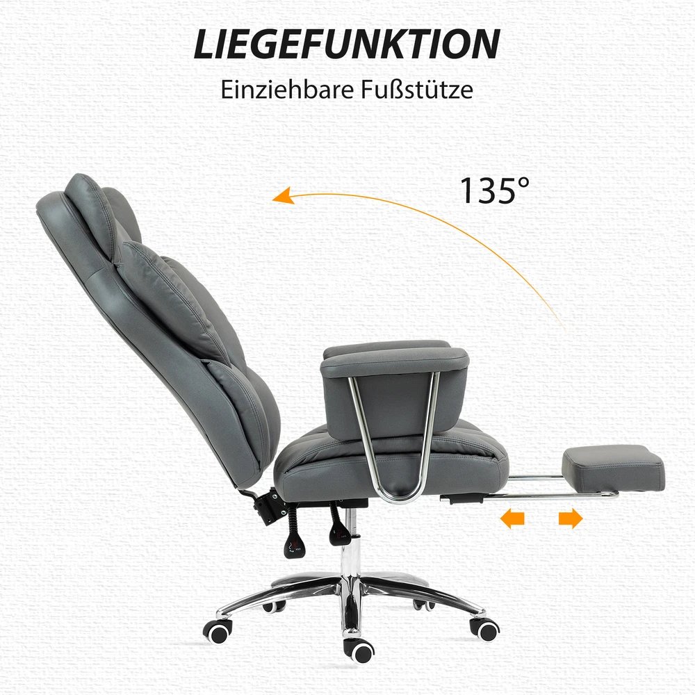 Aosom Ergonominė biuro kėdė, minkšta, su kojų atrama, reguliuojama atlošo padėtis, 360° pasukama, tamsiai pilka