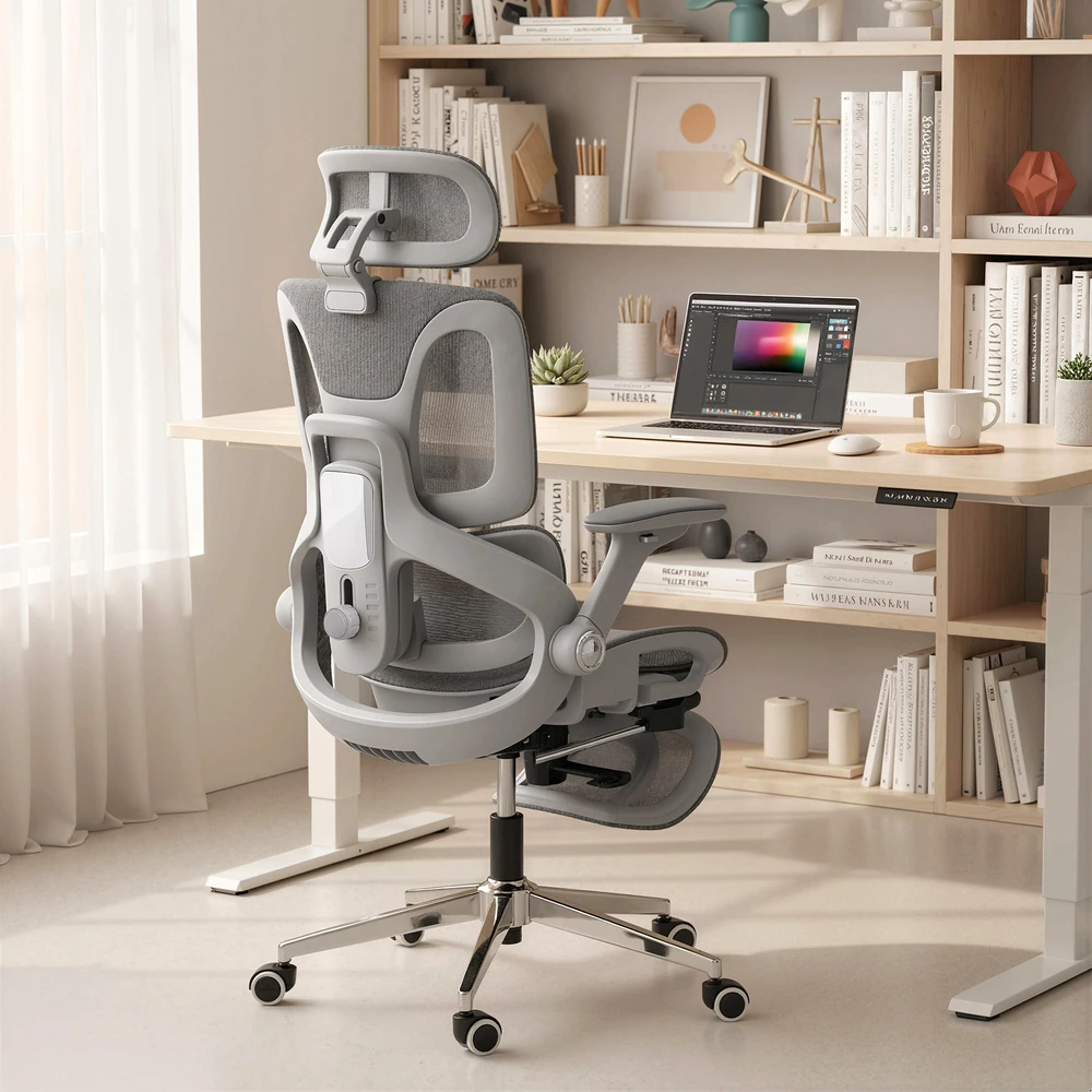Aosom Ergonominė biuro kėdė su tinkliniu atlošu, juosmens atrama ir 4D pakeliamais porankiais, pilka, 67 x 74 x 113-132 cm