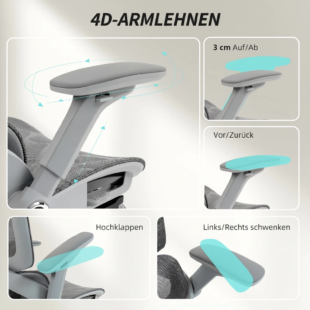 Aosom Ergonominė biuro kėdė su tinkliniu atlošu, juosmens atrama ir 4D pakeliamais porankiais, pilka, 67 x 74 x 113-132 cm
