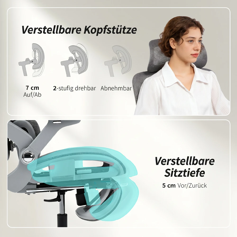 Aosom Ergonominė biuro kėdė su tinkliniu atlošu, juosmens atrama ir 4D pakeliamais porankiais, pilka, 67 x 74 x 113-132 cm