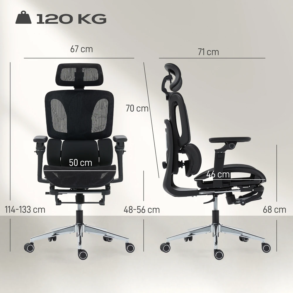 Aosom Ergonomiška biuro kėdė su pakoju, tinklelis, juoda, 67 x 71 x 114-133 cm