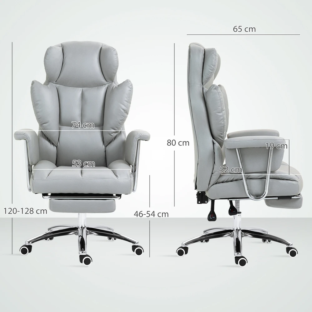 Aosom Ergonomiška biuro kėdė su porankiais ir kojų atrama, šviesiai pilka, 74 x 65 x 120-128 cm