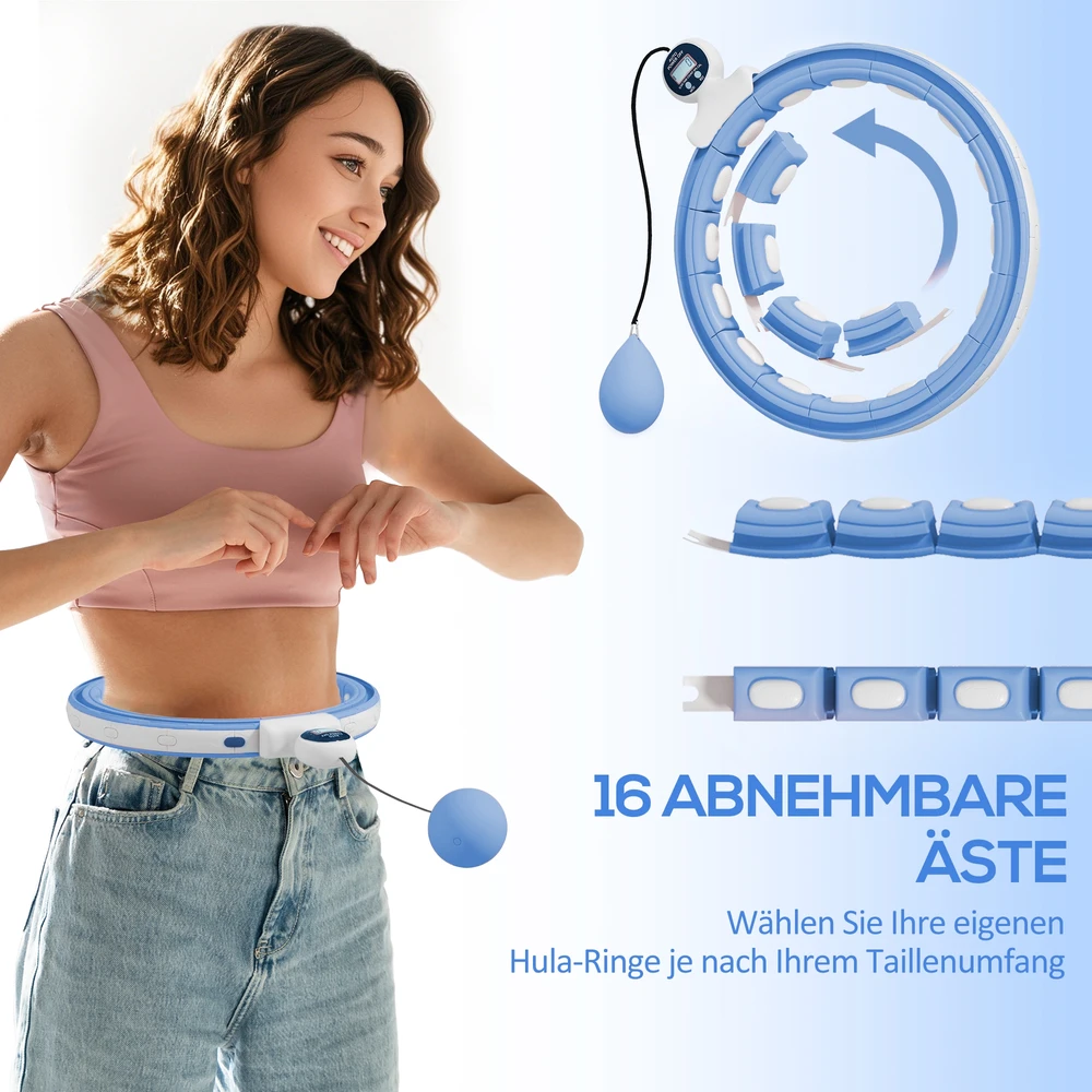 Aosom Išmanusis hula hoop lankas su svorio kamuoliu ir skaitikliu, 16 dalių, šviesiai mėlynas, 76-113 cm